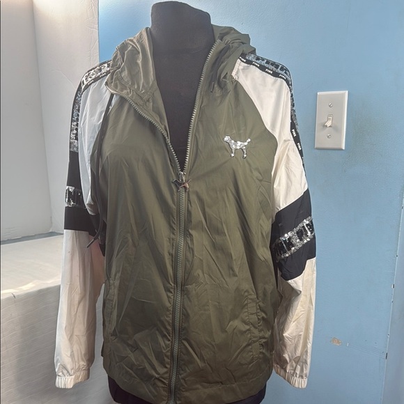 Victoria's Secret Pink Bling Campus Hoodie Anorak Jacket Olive Green XS S - Picture 3 of 6